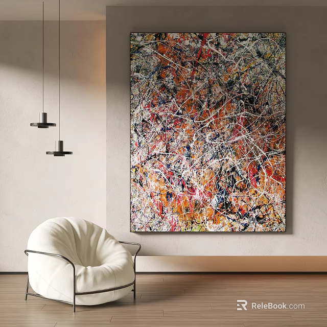 Large Colorful Abstract Painting With White Chair And Pendant Lights In Minimalist Room 3d model 