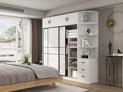 Modern Bedroom Interior With Wooden Bed White Sliding Door Wardrobe Storage Shelves And Natural Light 3d model