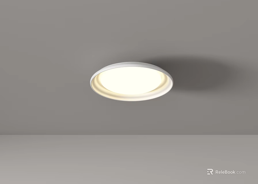 Modern Round White Ceiling Light Fixture Illuminated On Smooth Gray Ceiling 3d model 