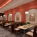 Elegant Chinese Restaurant Interior With Red Ceiling Marble Walls And Wooden Partitions