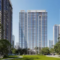 Modern High Rise Residential Building Featuring Glass Curtain Walls Green Lawn And Trees