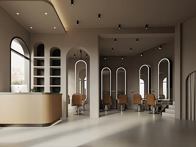 Modern Beauty Salon Open Space With Arched Mirrors Wooden Reception Desk And Brown Chairs 3d model