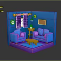Living Room Interior With Blue Walls Blue Sofas Purple Rug Orange Coffee Table Clock Curtains
