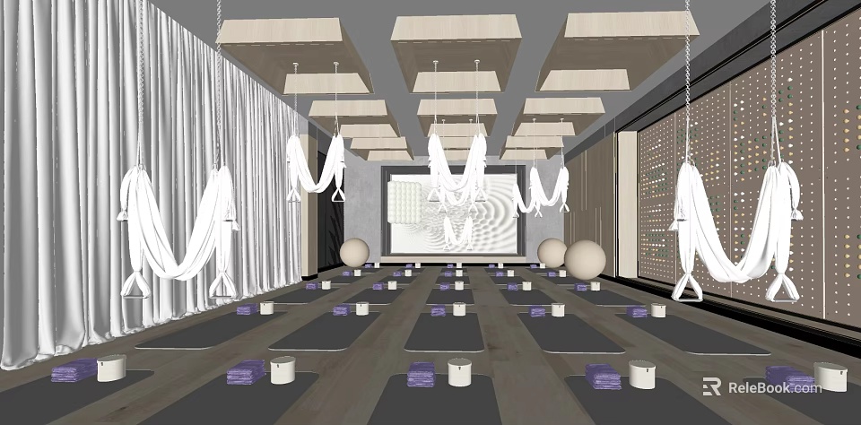 Yoga Studio Fitness Space With Yoga Mats Balls Hammocks And Candles Ambiance 3d model 