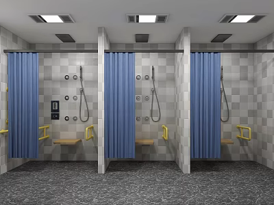 SPA Sauna Shower Stalls With Checkerboard Tiles Yellow Grab Bars And Benches 3d model