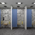 SPA Sauna Shower Stalls With Checkerboard Tiles Yellow Grab Bars And Benches