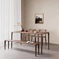 Minimalist Wooden Dining Table And Chairs Set With Bench Vase Fruit Bowls And Magazine