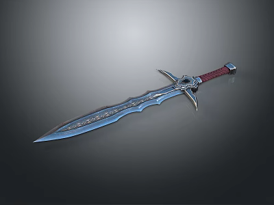 Ornate Metallic Sword With Engraved Blade Red Handle And Decorative Guard 3d model