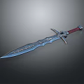Ornate Metallic Sword With Engraved Blade Red Handle And Decorative Guard