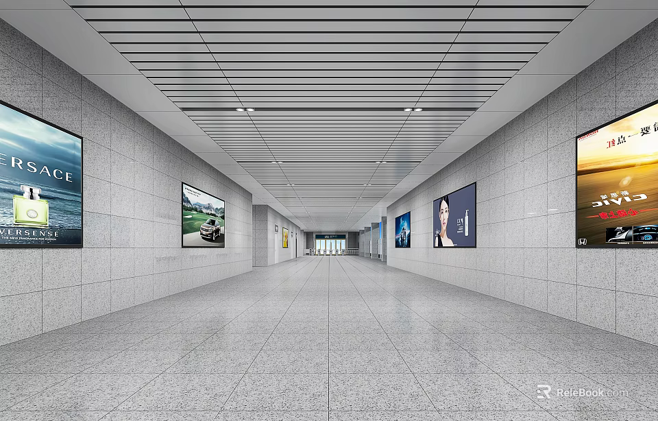 Modern Station Corridor With Gray Walls Multiple Billboards Striped Ceiling And Gray Tile Floor 3d model 