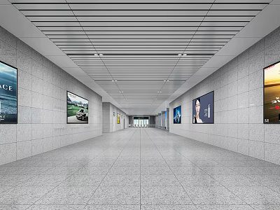Modern Station Corridor With Gray Walls Multiple Billboards Striped Ceiling And Gray Tile Floor 3d model