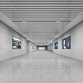 Modern Station Corridor With Gray Walls Multiple Billboards Striped Ceiling And Gray Tile Floor 3d model