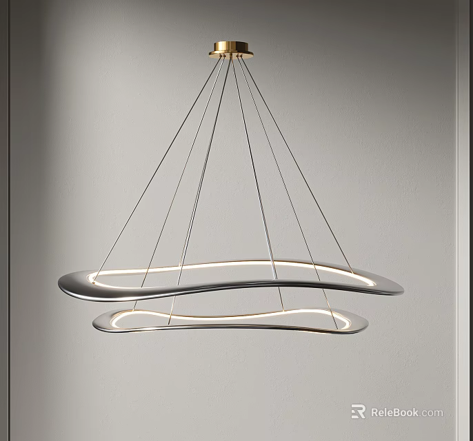 Modern Metallic Chandelier Featuring Curved Rings Golden Ceiling Mount And Soft Lighting 3d model 