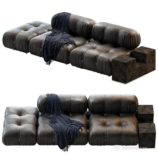 Black Leather Tufted Sectional Sofa With Blue Blanket And Ottoman 3d model