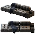 Black Leather Tufted Sectional Sofa With Blue Blanket And Ottoman 3d model