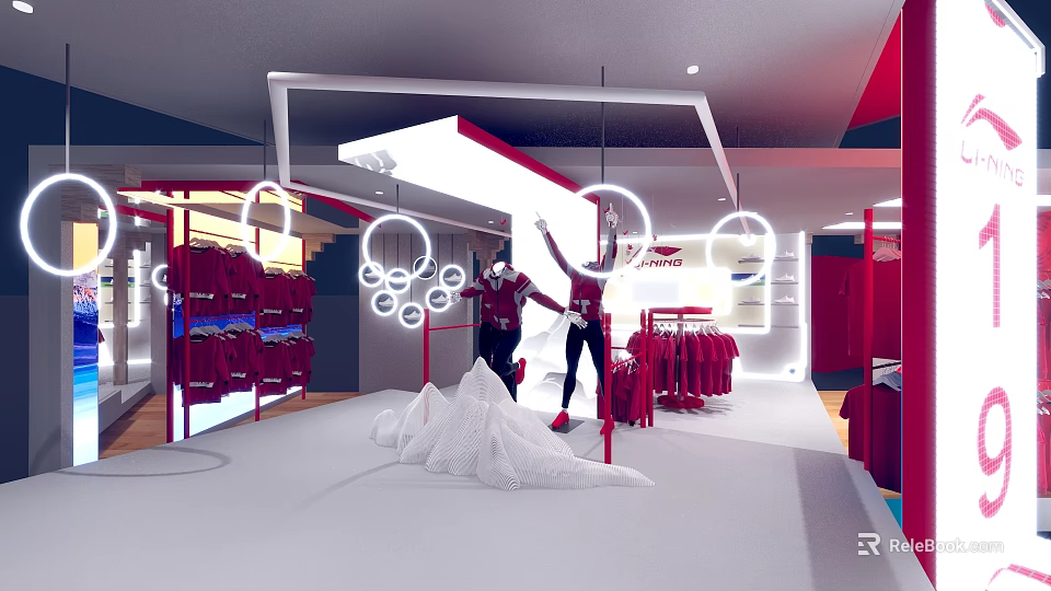 Modern Clothing Store Interior With Red Clothes Racks Mannequins And Circular Ceiling Lights 3d model 