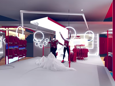 Modern Clothing Store Interior With Red Clothes Racks Mannequins And Circular Ceiling Lights 3d model