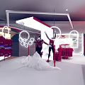 Modern Clothing Store Interior With Red Clothes Racks Mannequins And Circular Ceiling Lights