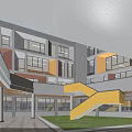 Modern School Building With Red Gray Exterior Red Flag Green Lawn Trees And Students Playing