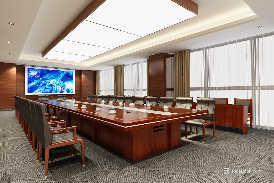 Professional Conference Room Interior With Large Wooden Table Multiple Chairs And Big Screen 3d model