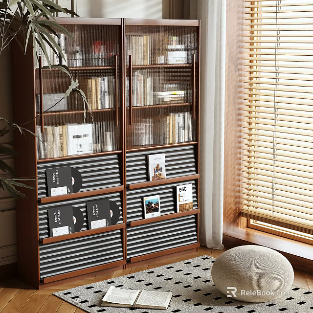 Modern Wooden Bookcase With Glass Doors Shelves Storage Drawers And Potted Plant Near Window 3d model 