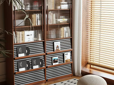Modern Wooden Bookcase With Glass Doors Shelves Storage Drawers And Potted Plant Near Window 3d model
