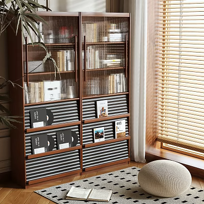 Modern Wooden Bookcase With Glass Doors Shelves Storage Drawers And Potted Plant Near Window 3d model