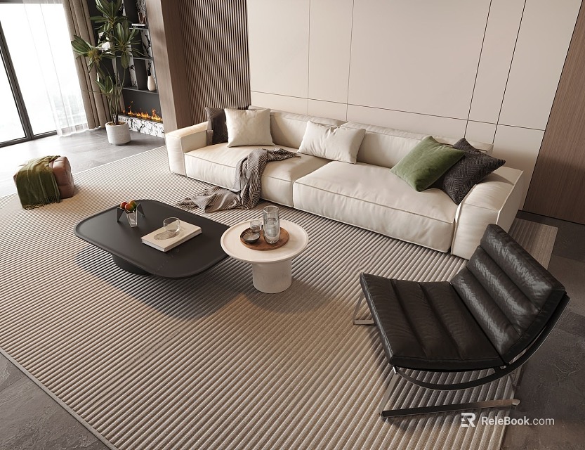 Modern Living Room Leisure Sofa Set With White Upholstery Coffee Table And Accent Chair 3d model 