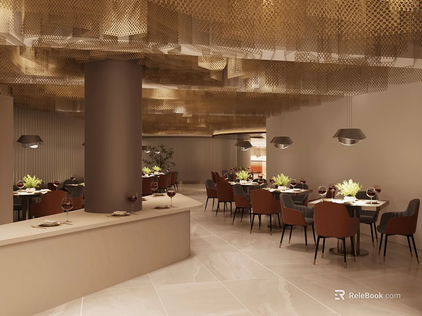 Elegant Restaurant Interior With Golden Mesh Ceiling Columns Dining Tables And Pendant Lights 3d model 