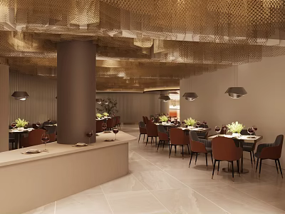 Elegant Restaurant Interior With Golden Mesh Ceiling Columns Dining Tables And Pendant Lights 3d model