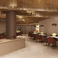 Elegant Restaurant Interior With Golden Mesh Ceiling Columns Dining Tables And Pendant Lights