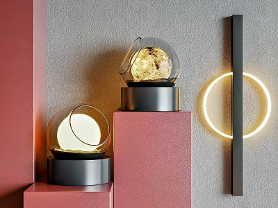Illuminated Table Lamps With Glass Globes On Pink Pedestals And Circular Ring Light 3d model