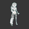 Female Character in Military Armor with White Hair Goggles and Mechanical Gear on Dark Background