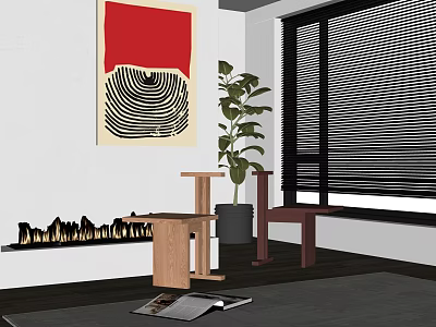 Single Wooden Chair In Living Room With Green Plant Red Artwork And Window Blinds 3d model