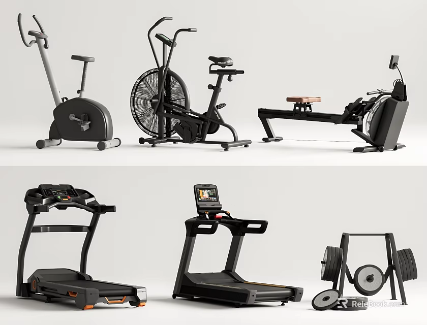 Essential Home Gym Fitness Equipment Including Stationary Bike Rower Treadmill And Dumbbells 3d model 