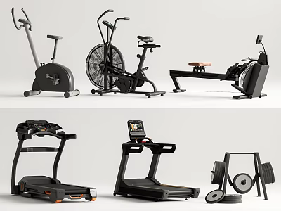 Essential Home Gym Fitness Equipment Including Stationary Bike Rower Treadmill And Dumbbells 3d model