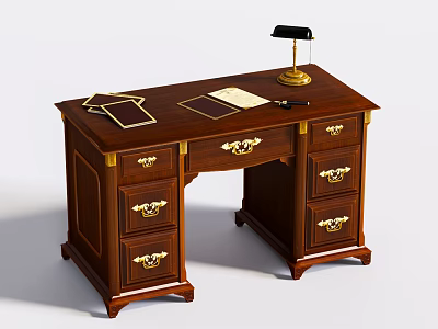 Elegant Vintage Wooden Office Desk With Golden Handles Drawers Table Lamp And Papers 3d model