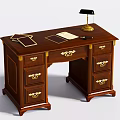 Elegant Vintage Wooden Office Desk With Golden Handles Drawers Table Lamp And Papers