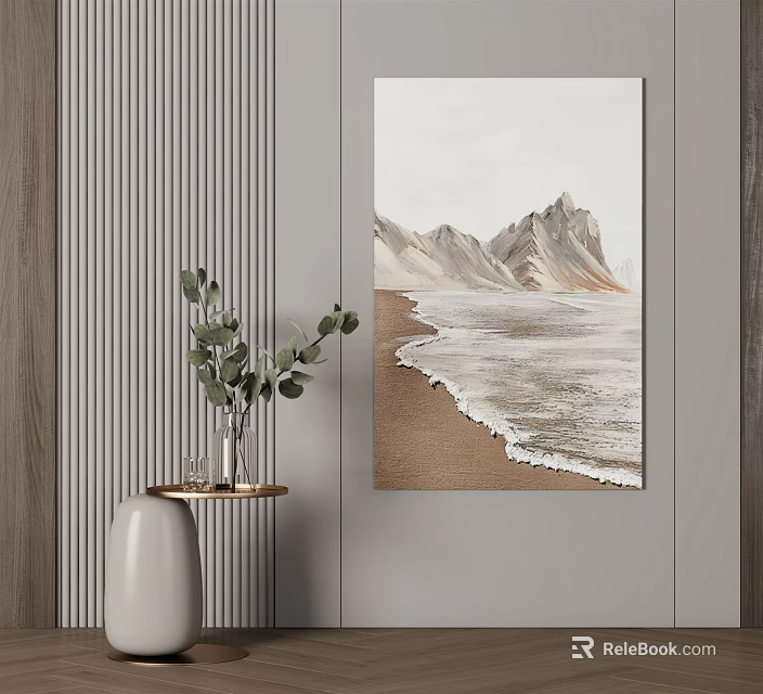 Coastal Mountain Wall Art With Beach Waves And Green Plant Decoration 3d model 