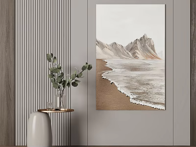 Coastal Mountain Wall Art With Beach Waves And Green Plant Decoration 3d model