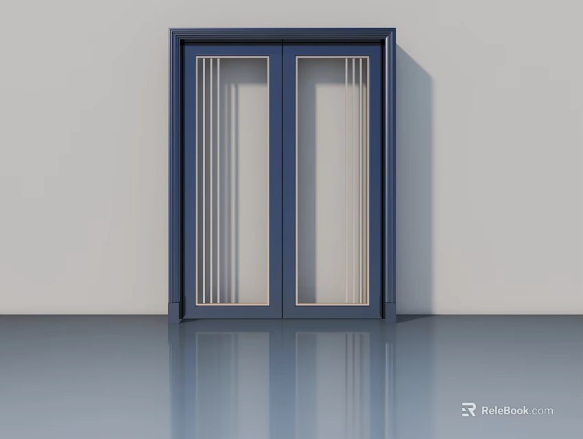 Modern Navy Blue Double Swing Door With Vertical Stripe Glass Design 3d model 