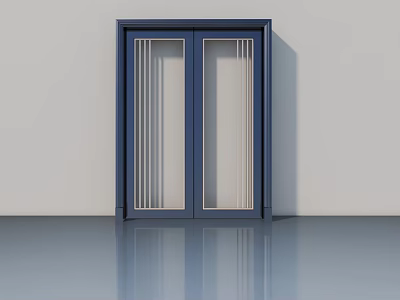 Modern Navy Blue Double Swing Door With Vertical Stripe Glass Design 3d model