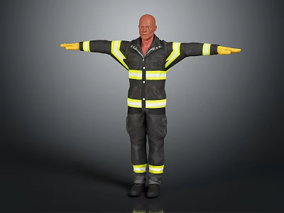 Firefighter in Uniform With Reflective Stripes Yellow Gloves and Black Boots Standing Against Gray Background 3d model