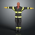 Firefighter in Uniform With Reflective Stripes Yellow Gloves and Black Boots Standing Against Gray Background