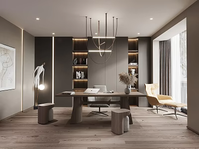 Modern Study Room With Spacious Desk Built In Shelves And Armchair 3d model