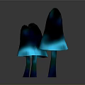 Three Glowing Teal Mushroom Plants With Stems On Gray Background And Reflections