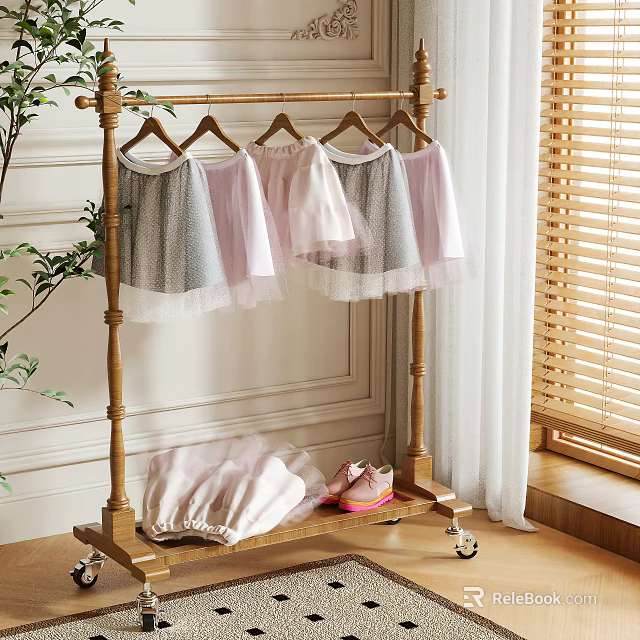 Wooden Clothing Rack With Girls' Skirts Wheels By Window Green Plant Bottom Shoes Fabric 3d model 