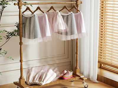 Wooden Clothing Rack With Girls' Skirts Wheels By Window Green Plant Bottom Shoes Fabric 3d model