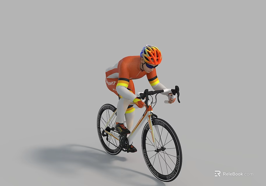 Man Riding Road Bike In Orange Sportswear With Colorful Helmet And Golden Frame 3d model 