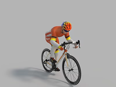 Man Riding Road Bike In Orange Sportswear With Colorful Helmet And Golden Frame 3d model